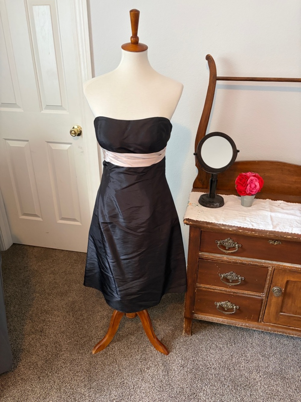 Strapless Black Satin Cocktail Dress with pale pink Waistband